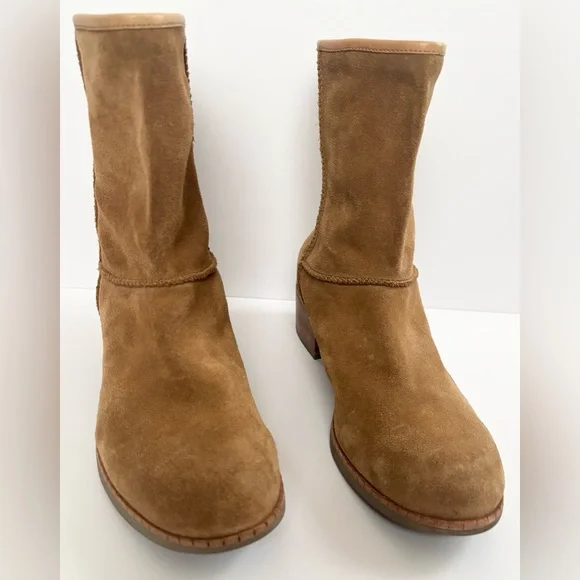 UGG Cyrinda Unlined Stacked Heel Suede Boots in Chestnut - Picture 2 of 11